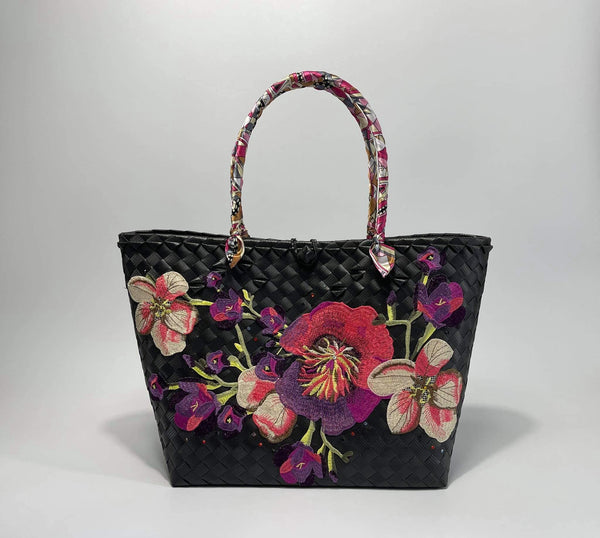 Black Floral Bayong Tote Handbag Medium - Kulit Apparel LLC
