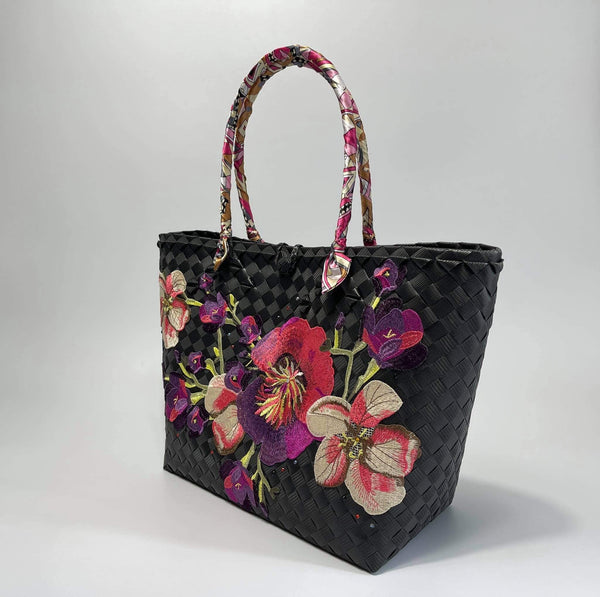 Black Floral Bayong Tote Handbag Medium - Kulit Apparel LLC