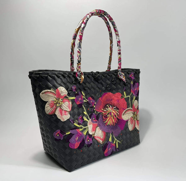 Black Floral Bayong Tote Handbag Medium - Kulit Apparel LLC