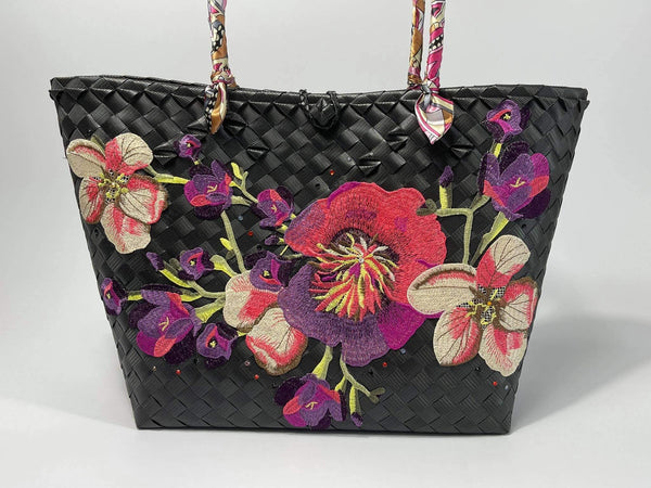 Black Floral Bayong Tote Handbag Medium - Kulit Apparel LLC