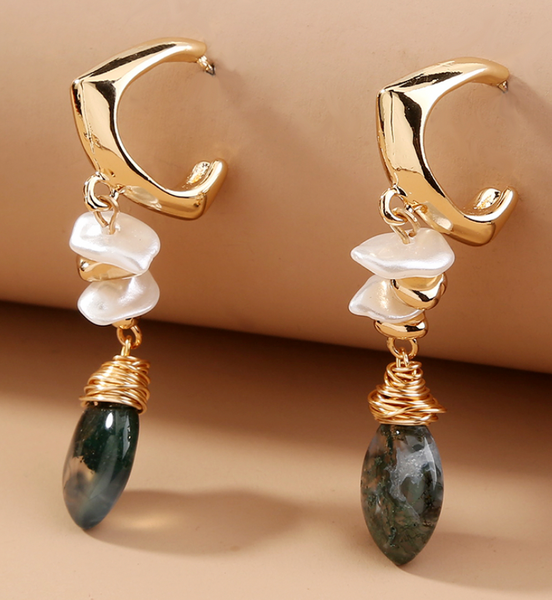 Pearl Dangling Earrings with Natural Agate Jade Gemstone - Kulit Apparel LLC