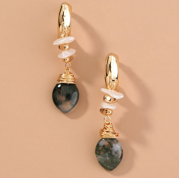 Pearl Dangling Earrings with Natural Agate Jade Gemstone - Kulit Apparel LLC