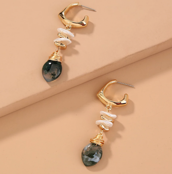 Pearl Dangling Earrings with Natural Agate Jade Gemstone - Kulit Apparel LLC